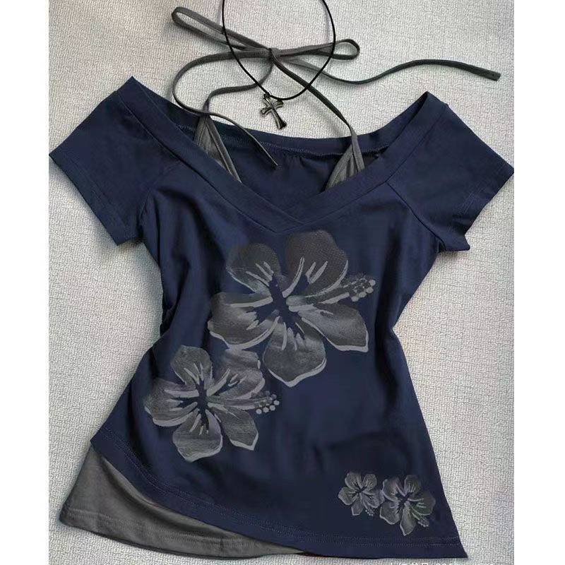 Camisetas de verano de dos piezas con cuello halter y vendaje estilo vintage, camisetas Y2k estéticas ajustadas, camisetas sexis informales con estampado grunge para mujer