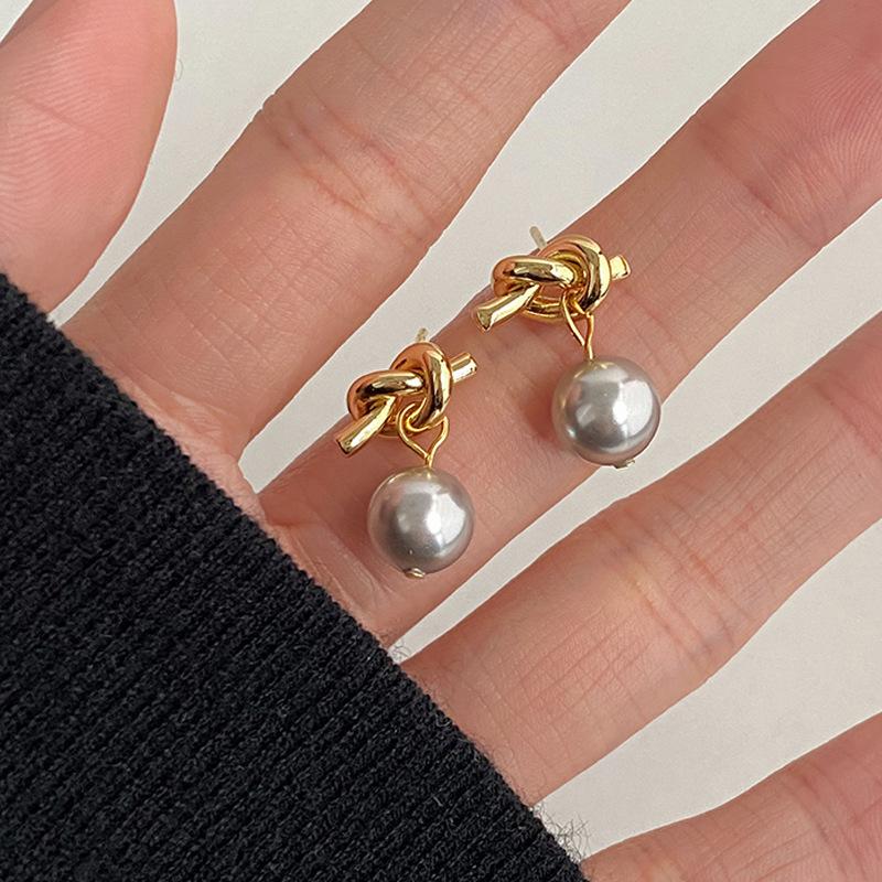 Knotted Stud Earrings, Femininity, Niche Design, Gray Imitation Pearl Rope Knot Earrings, Small Gray Bean Earrings.