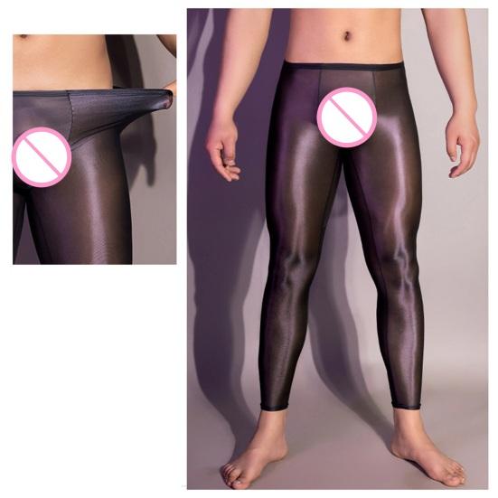 Pánské sexy dlouhé kalhoty průhledné olejově lesklé ultratenké strečové legíny lesklé ledové Silky Comfort úzké kalhoty