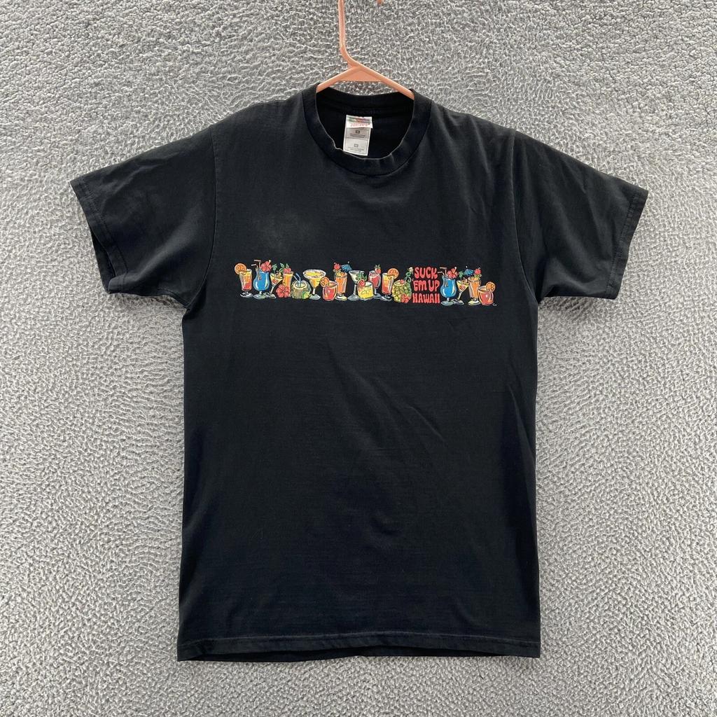 VINTAGE Hawaii T Shirt Men Medium Black Cocktail Graphic Travel Casual Fleece