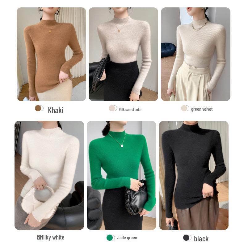 Women's Ribbed Cashmere Sweater: Half-High Neck, Slim-Fit, AW24 Collection, Warm Wool Knit Base Layer.