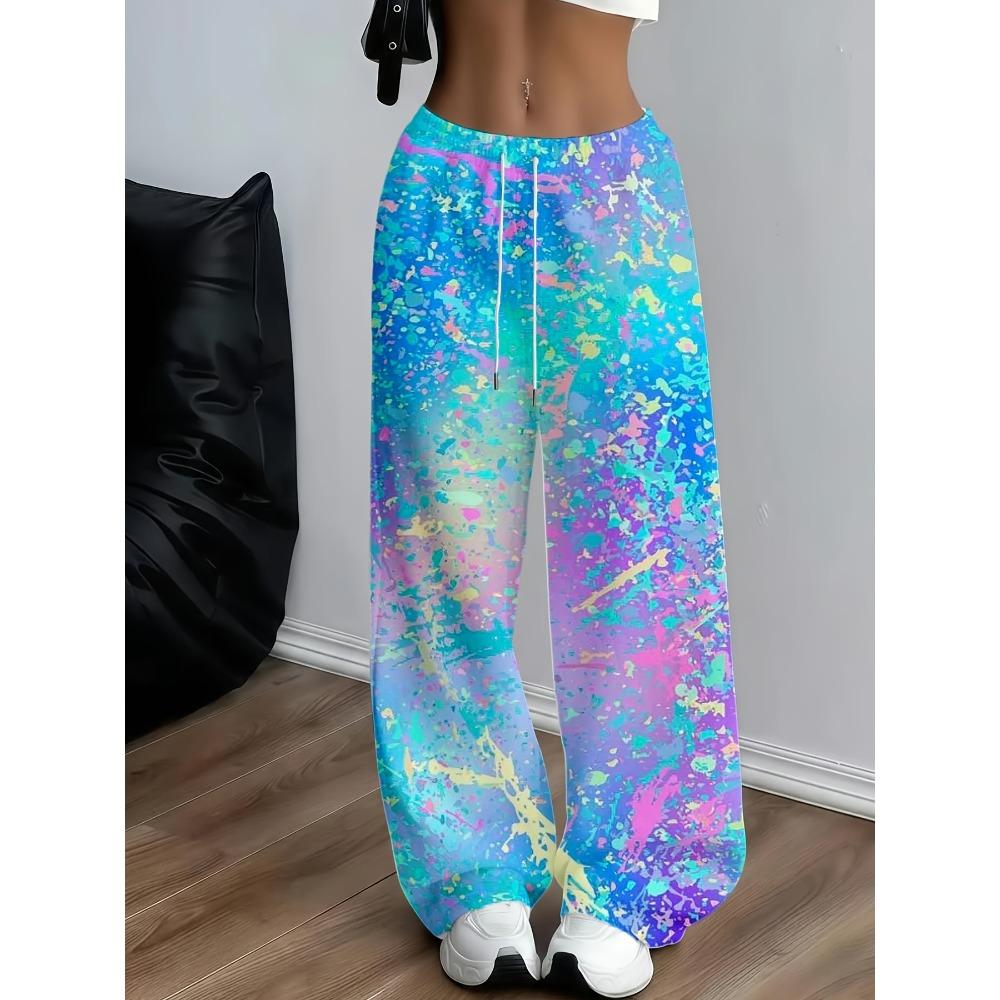 Ladies casual loungewear with multi-color tie-dye print and wide-leg design
