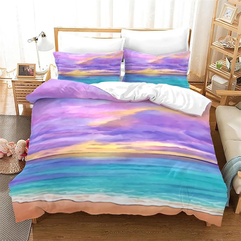Ocean Duvet Cover Set Queen/Full Size Tropical Island with The Palm Trees and Sea Beach Nature Theme Print Polyester Bedding Set
