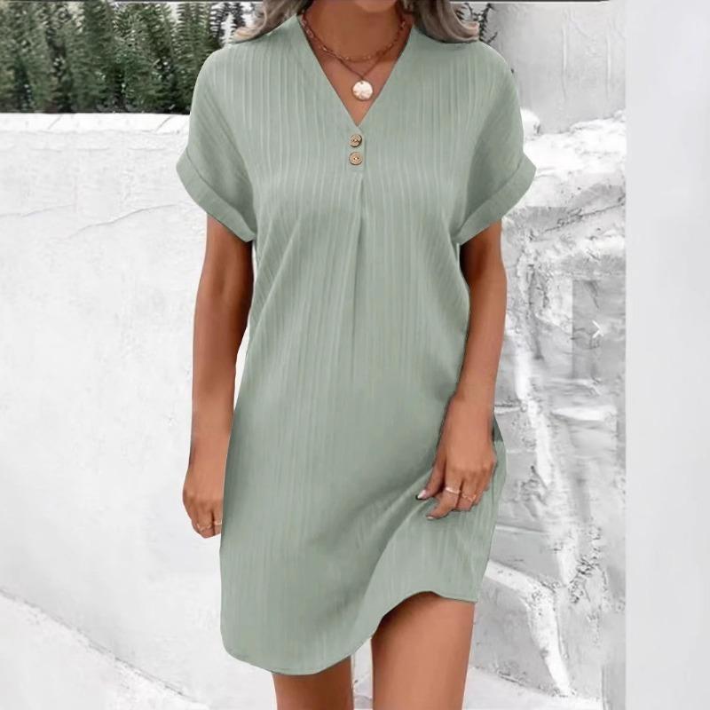 Women's V-neck Solid Color Pullover Casual Button Dress