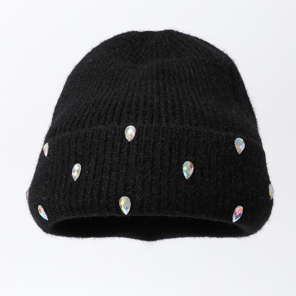 Knitted Hat Solid Color Versatile Thermal Elastic Pullover Hat Rhinestone Cold-Proof Hat
