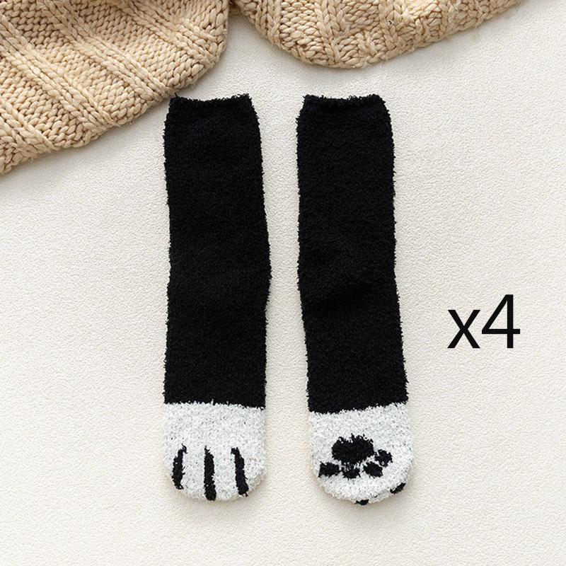 4pairs Winter Coral Fleece Cat Paw Print Socks For Women Men Warm Striped Middle Tube Socks Home Floor Sleeping Socks