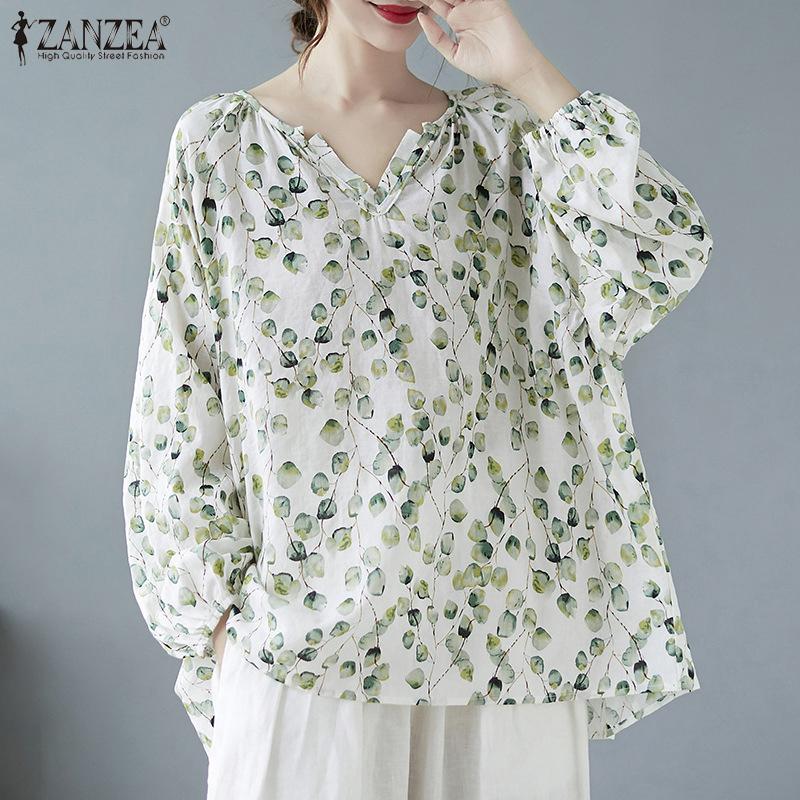 

ZANZEA Женщины Длинный рукав V Шея Эластичная манжета Рубашка Цветочный Принт Летний Чехол Блузка Топы