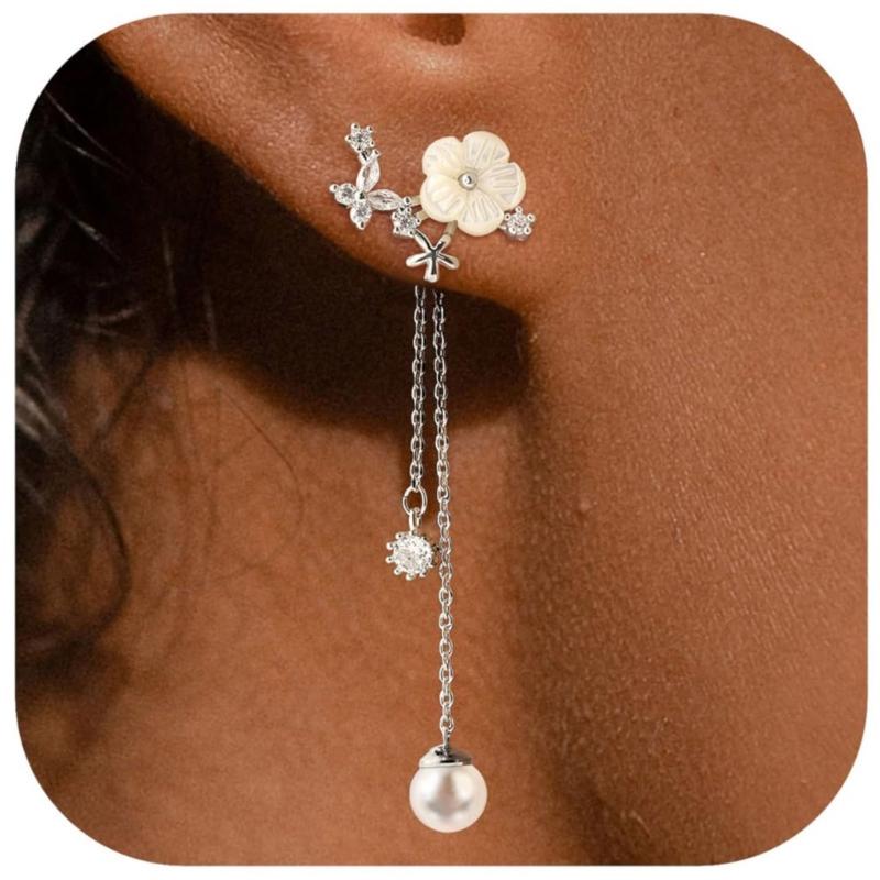 Delicate Flower Design Dangle Earrings With Simulated Pearls Chain Bridal Jewelry Glossy Gold or Silver Finish