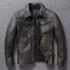 Chinese Size Vintage Olive Green Genuine Cowhide Men Leather Jacket Autumn Turn Down Collar Real Leather Coat