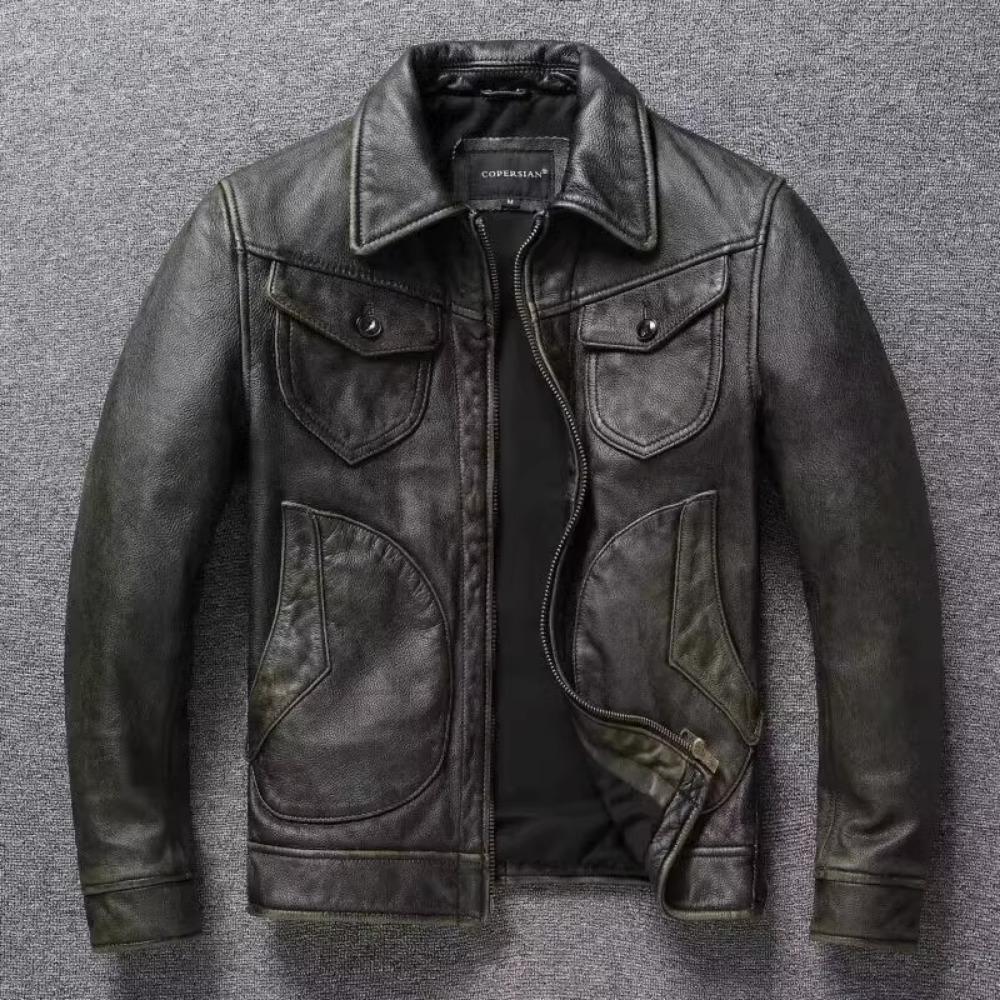 Chinese Size Vintage Olive Green Genuine Cowhide Men Leather Jacket Autumn Turn Down Collar Real Leather Coat
