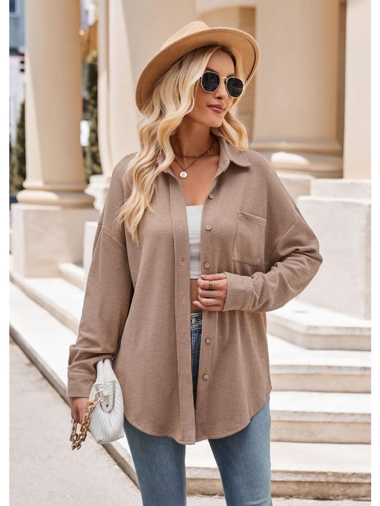 Single Breasted Pocket Waffle Fashion Shirt 2023 Women's Autumn and Winter New European and American Casual Loose Tops