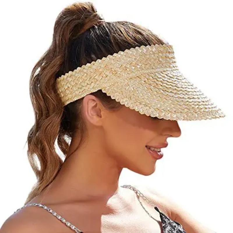 Empty Top Sun Visor Hat for Women Natural Straw Wide Brim Sun Cap Girl Sunshade Summer Versatile Beach Hat Derby Vacation Hat