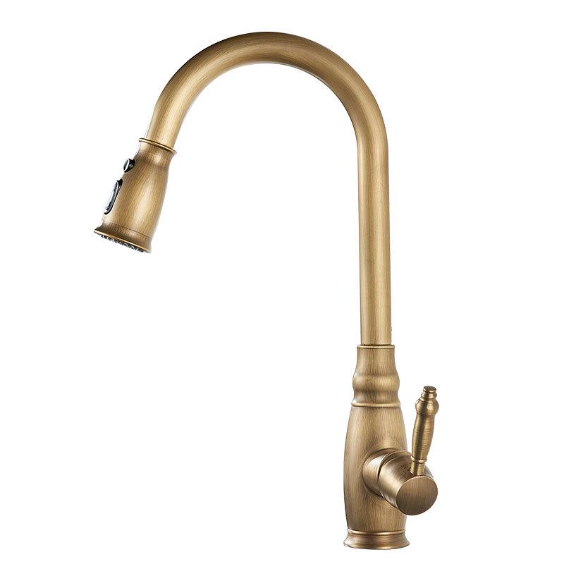 Elegant European-Style Brass Kitchen Faucet with Pull-Out Sprayer for Hot and Cold Water