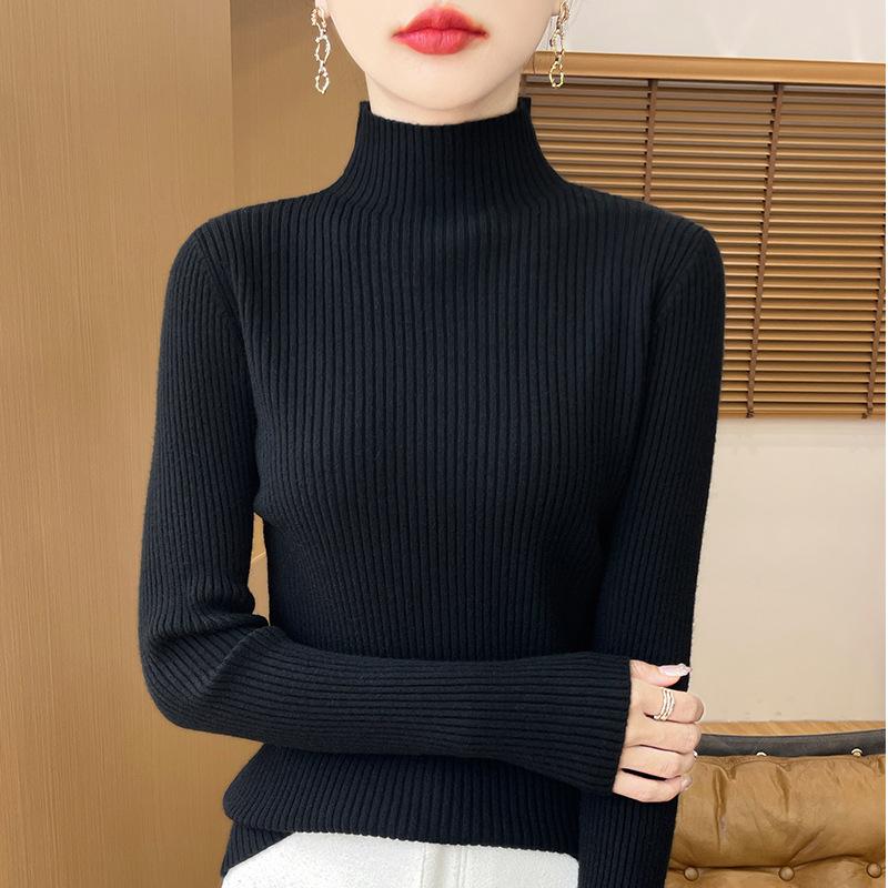 

Осень новый полу-гольф женский длинный рукав облегающий рубчик ленивый ветер свитер вязаный свитер базовая рубашка верхняя одежда нижнее белье XXL чёрный