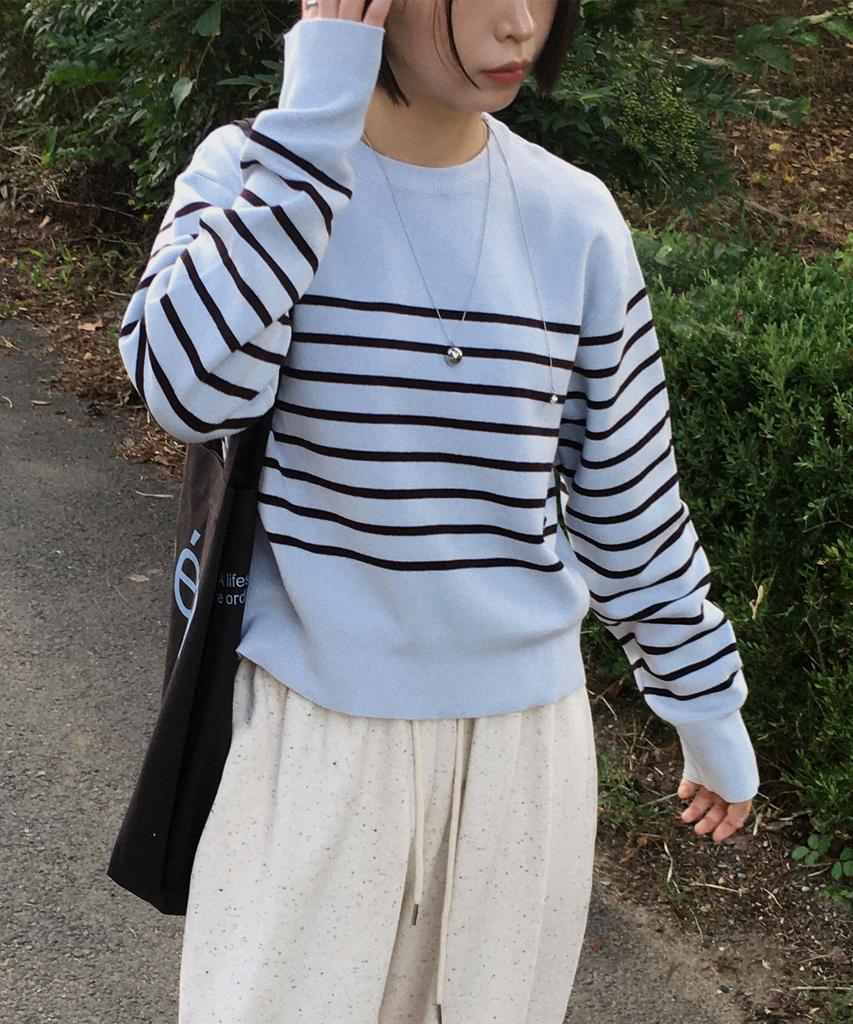 LMOOD WOMEN Marine Wool Cotton Stripe Pullover Knit Sky Blue