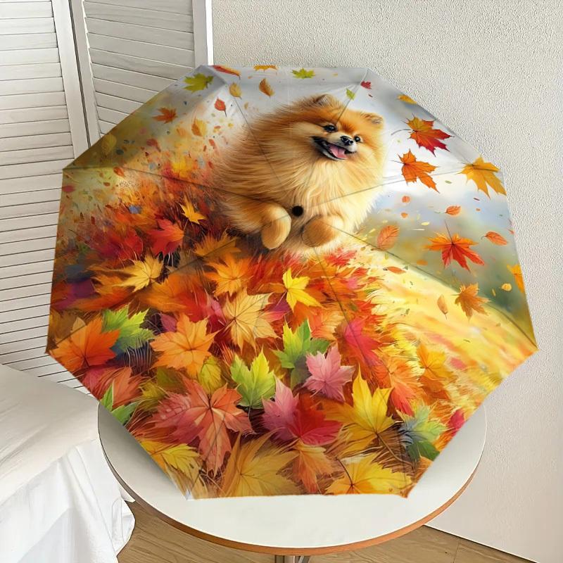 1pc Autumn Leaves Pomeranian Automatic Folding Umbrella, 8 Ribs Iron Frame, Suitable for Outdoor Travel and Daily Use Yy251120204