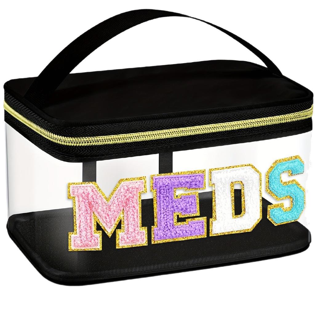 Fashion PVC Chenille Letter MEDS Makeup Bag - Portable Travel Toiletry Organizer with Large Capacity and Zipper Closure