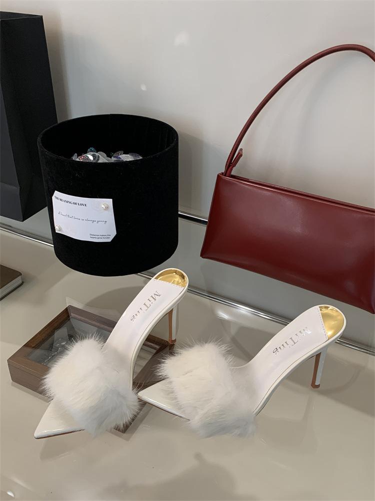 Mi Ting Mao Mao Talons Hauts Sandales Cool Mode Femme Vêtements d'Extérieur Nouveaux Polyvalents Bout Pointu Talon Fin Baotou Muller Demi-Sandales Femme