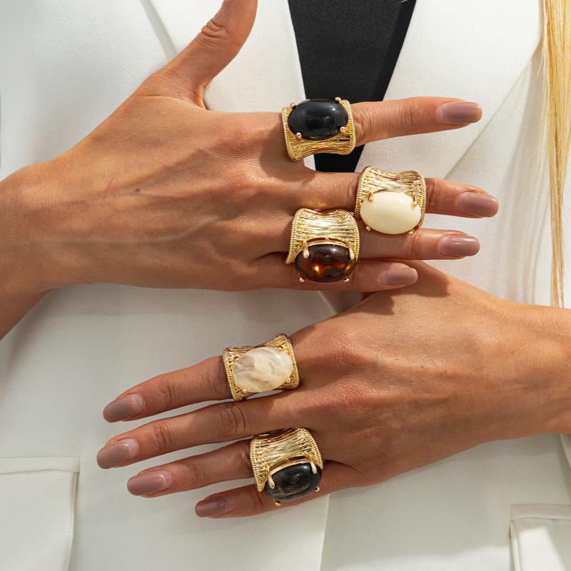 Rock Punk Hip Hop Vintage Elegant Schwarz Braun Schattierung Harzstein Klobiger Metallring Für Damen Mädchen Schmuck Zubehör Geschenk