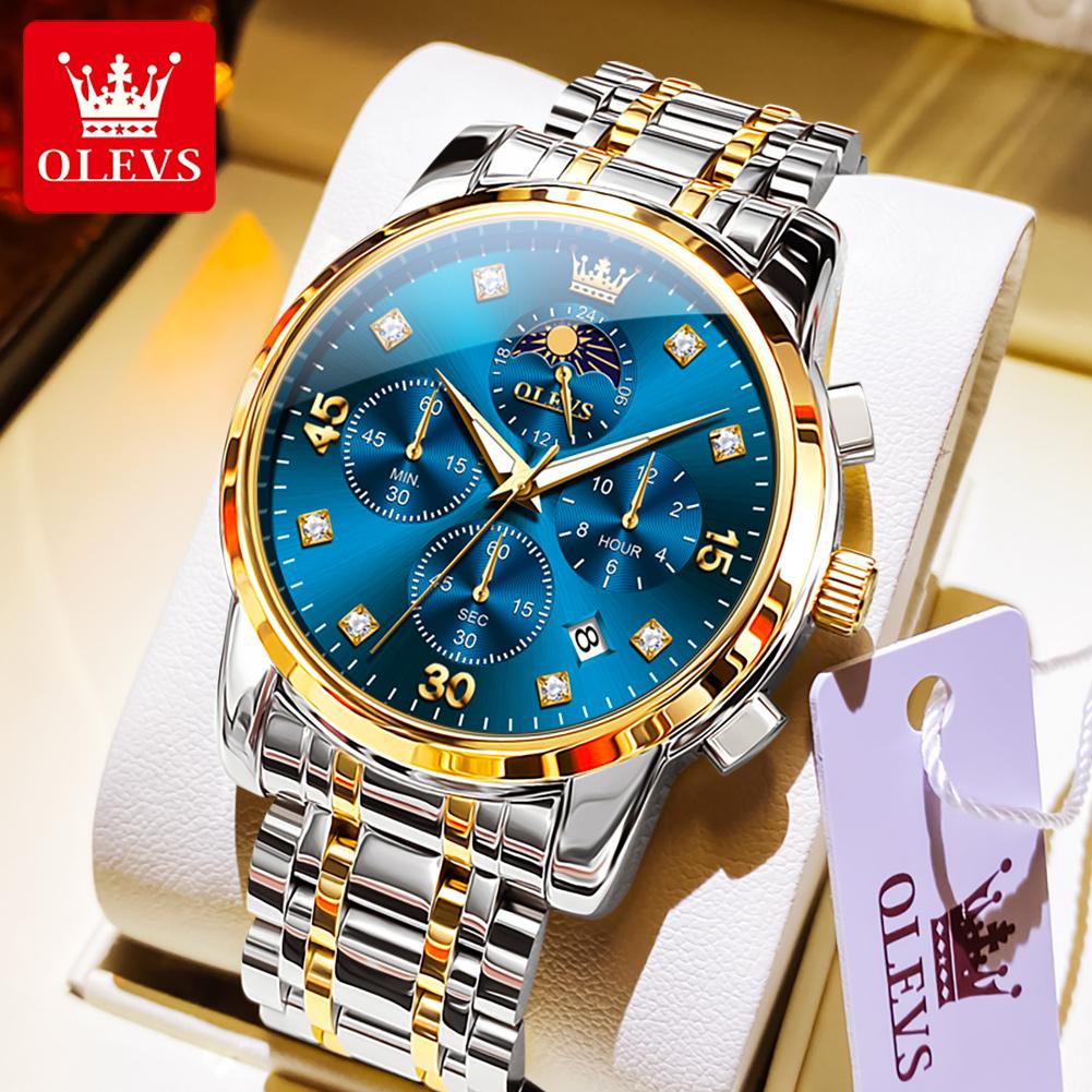 OLEVS 3652 Quartz Watches for Man Steel Strap Multi-functional Waterproof Luminous Chronograph Moon Phase Men's Wrist Watches