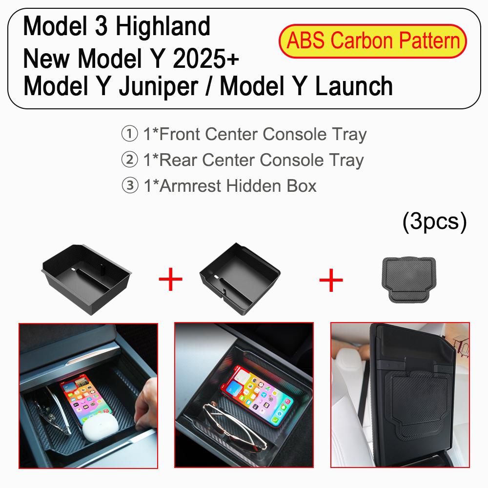 For Tesla New Model Y Juniper Launch 2025 Model 3 Highland Storage Box Organizer Center Console Trays Drawer Armrest Accessories