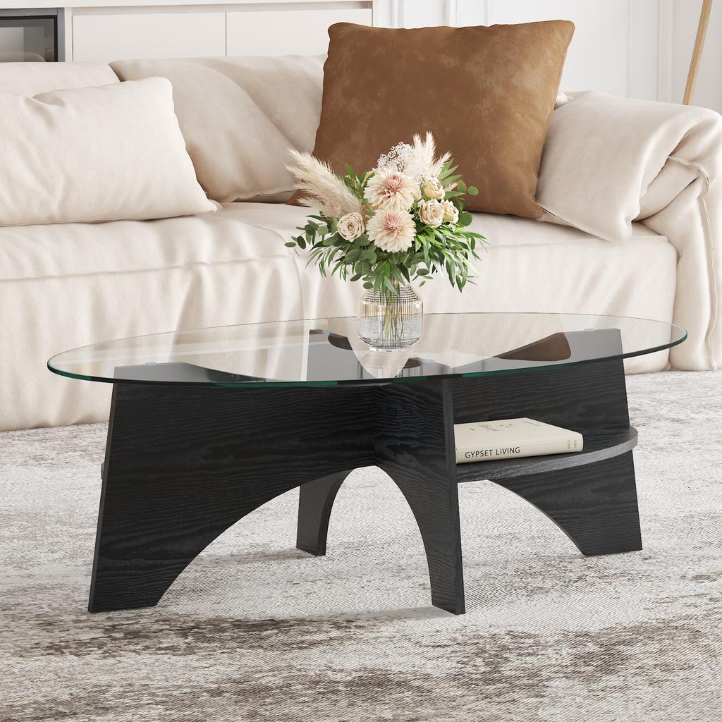 Modern Oval Side Table Made of Safety Glass - Length 104.9cm, Width 60 cm. Table Legs Made of MDF with Black Wood Look. Ideal for Dining Room, Office.