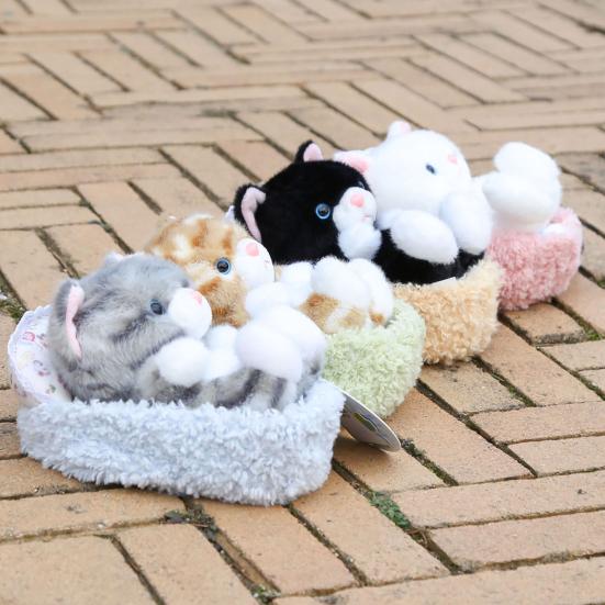 Cute Lifelike Kitten Plush Toy with Sleeping Nest Soft Stuffed Animal Fluffy Cat Doll Fun Desktop