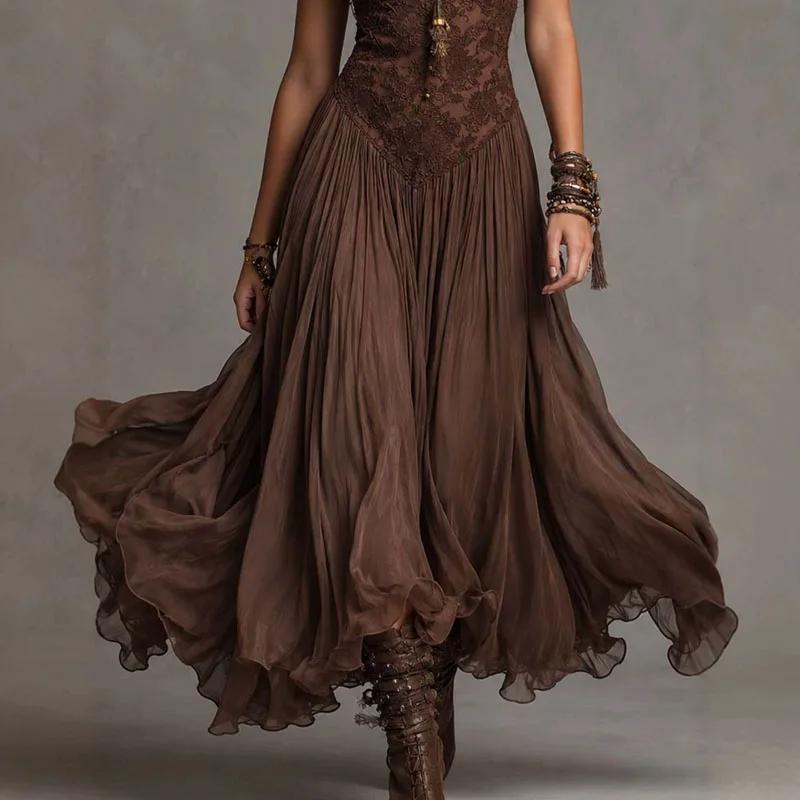 Women Boho Lace Spaghetti Strap Maxi Dress Sleeveless V Neck Flowy Ruffle Long Dress Vintage Bohemian Party Dress
