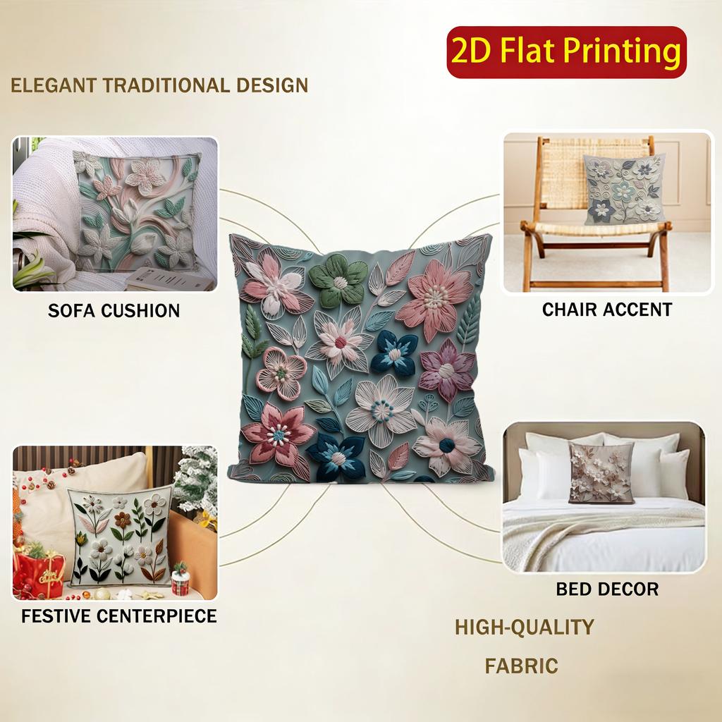 2D Floral Embroidered Pattern Decorative Cushion Covers Pattern Cushion Cover Suitable For Sofa Bedroom Car Pillow Cover