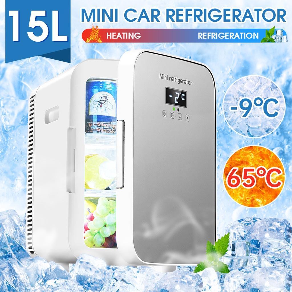DC12-24V/AC220V Home/Car Auto Refrigerator Dual Core Freeze Heating Food Fruit Storage Fridge Cooler 55W for Home Travel Camping 15L