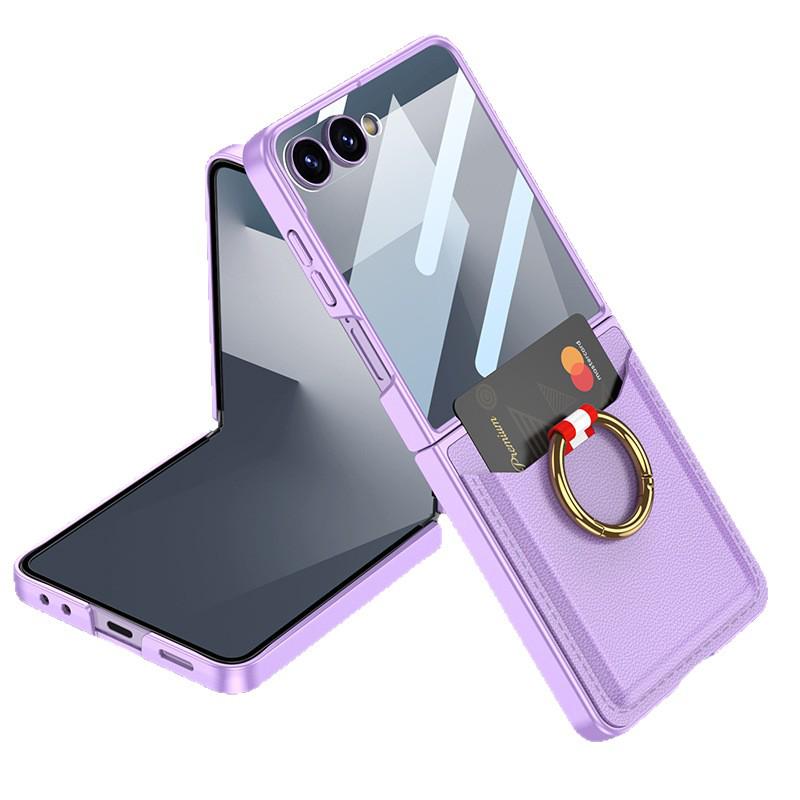 Samsung Z Flip7 Ultra-Thin Leather Case: Full Coverage, Card Holder, Ring, Anti-Drop Protection