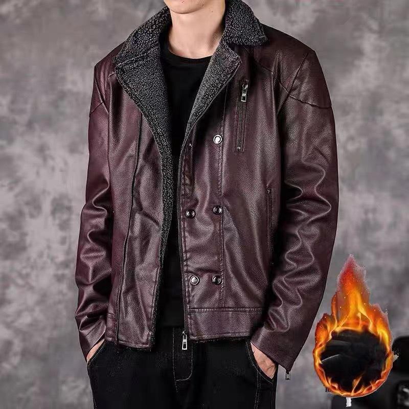Winter Men's Lapel Fleece Leather Jacket Korean Version Atmospheric Youth Thickened Warm Jacket Locomotive Leather Fleece Jacket Men