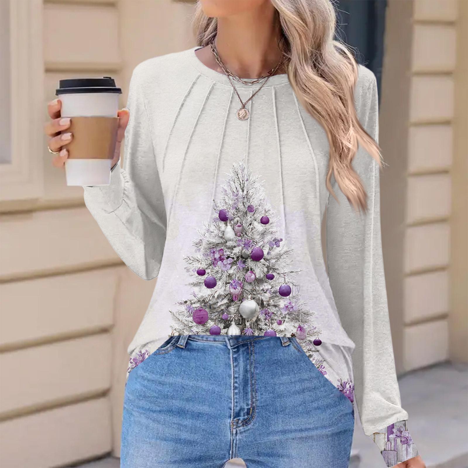 

Women s Fashionable Casual Christmas Printed Pleated Comfortable Round Neck Loose Long Sleeve T-Shirt Top L бежевый
