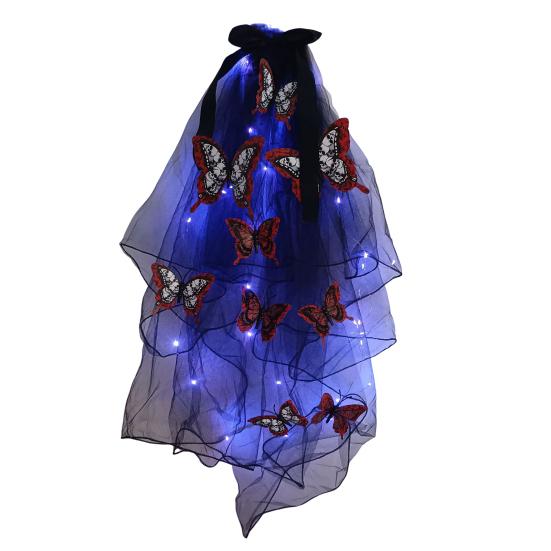 LED Skull Gothic Hairveil Luminous Headband Veil Hairpin with Butterflies Women Ghost