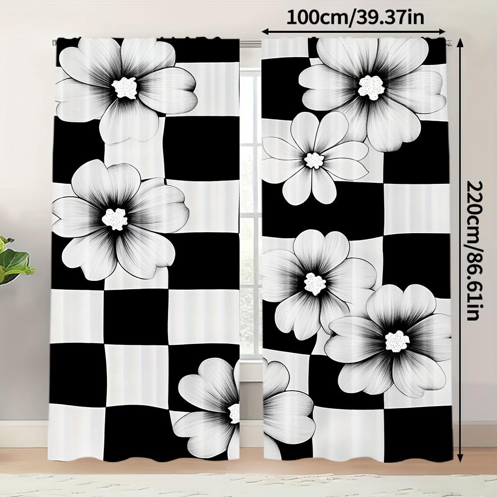 2pcs Art Deco Black & White Floral Checkered Curtains - Fade-Resistant Polyester   Machine Washable for Bedroom   Living Room   Off
