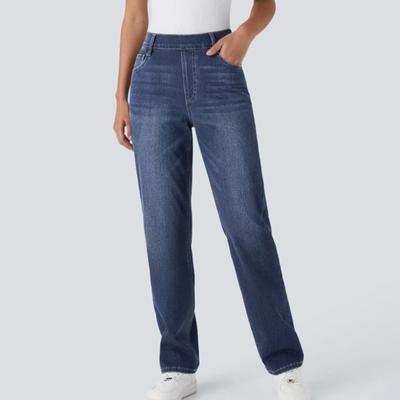 Women's Straight Leg Jeans Pull-On High Waisted Cropped Denim Pants Stretchy Ankle Jeans for Daily Wear Outings