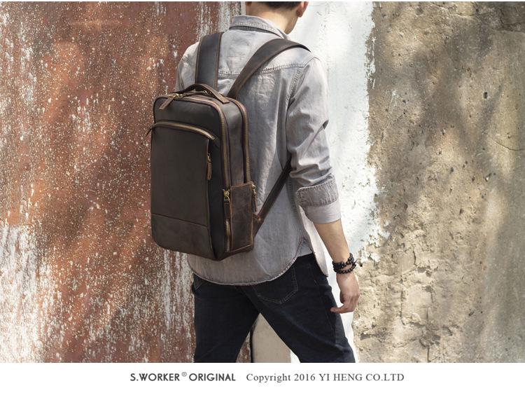 Retro Casual Crazy Horse Leather Double Shoulder Backpack, Genuine First Layer Cowhide for Men.