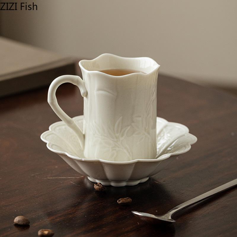BRBamboo Patterned Ceramic Coffee Cups Saucers Home Dining Table Handmade Ceramic Coffee Cup Afternoon Tea Teacup Coffees Mug GiftEY