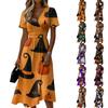 Women Halloween Printed Casual V Neck Short Sleeve Midi Dress with Patchwork Leaf and Pumpkin Pattern for Holiday Party