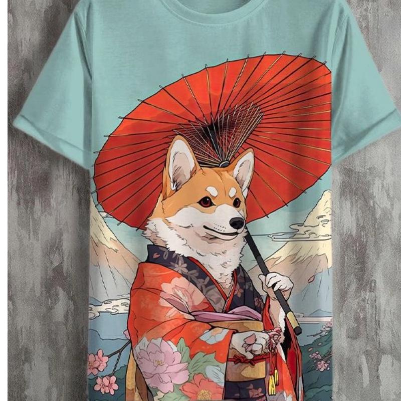 Maglietta da uomo in stile giapponese con grafica Samurai Cat, stampata in 3D, casual, a maniche corte, per esterni, abbigliamento da uomo oversize