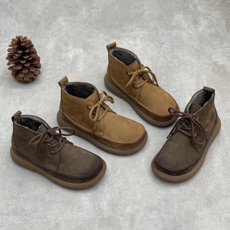 Warm Women's Cotton Boots, Flat Lace-up Round Toe Casual Soft Leather Cotton Shoes