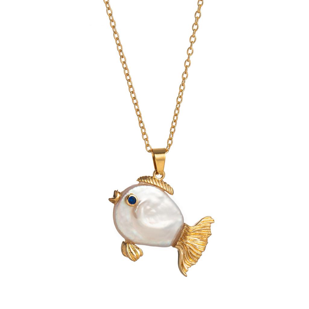 Baroque Little Whale Necklace, Special-Shaped Pearl, Marine Life Pendant, Collarbone Chain, Small Fish Stud Earrings Set, Color Retention.