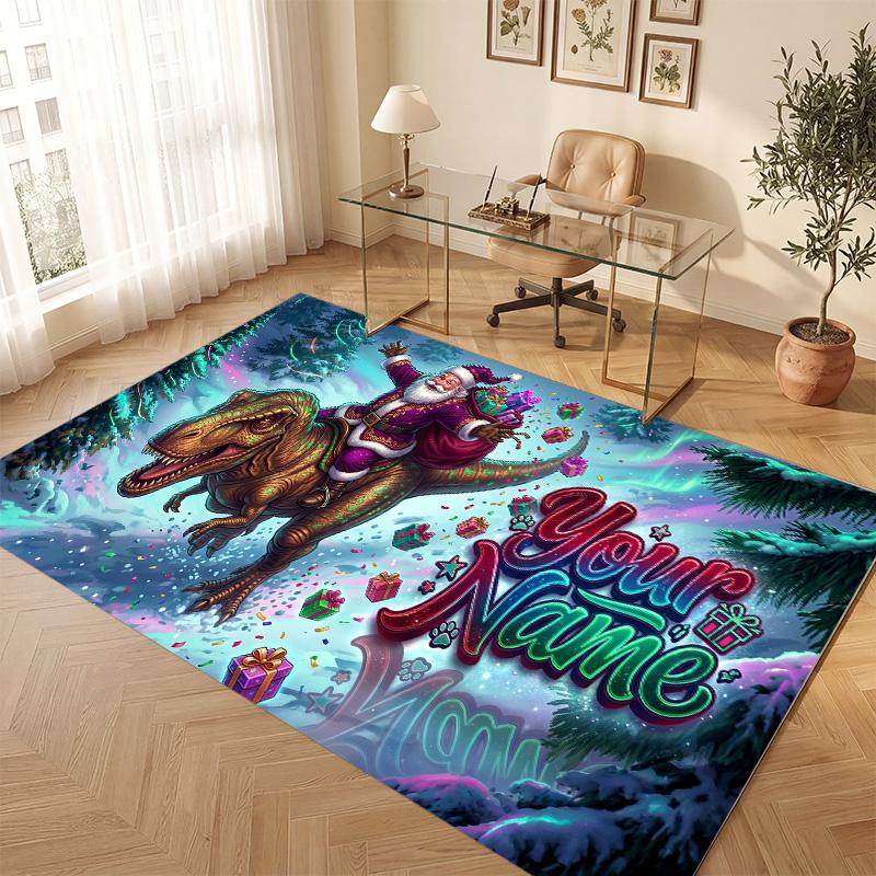 Dinosaur Theme Soft Crystal Velvet Rug Custom Name & Text Print Non Slip Floor Rug for Bedroom Living Room