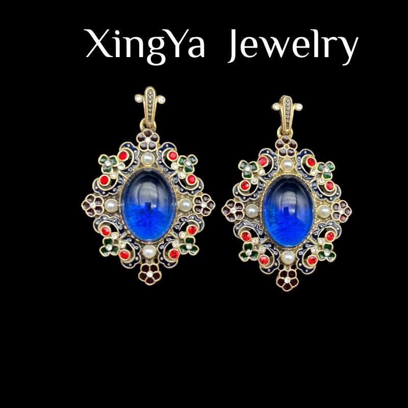 

Medieval Vintage Art Retro Court Style Drip Oil Elliptical Glass Inlaid Elegant Earrings