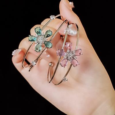 Bracelet Charm Fleur Pierre Zircon Vert Rose pour Femme Mignon Couleur Or Réglable Été Bijoux de Mariage Pour Femmes