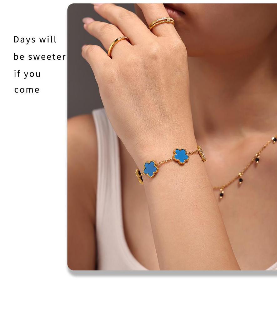 Qiongyao Multi-Color Agate Five-Petal Flower Stainless Steel Bracelet – Light Luxury, Best Friend Gift, In Stock.