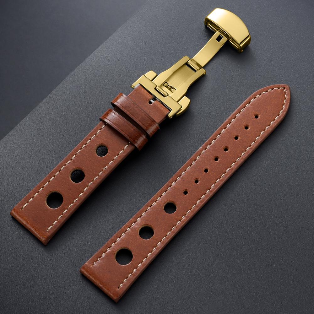 Genuine Cowhide Watchband for Omega Business Watch Band for Seiko 20mm 22mm Butterfly Buckle Stitching Brown Strap for Men Women