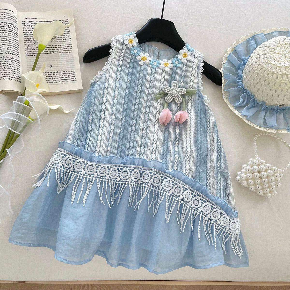 Girls Summer Tassel Floral Princess Dress Kids Sleeveless Vacation Sundress for Little Girls Beach Party Outfit 90cm