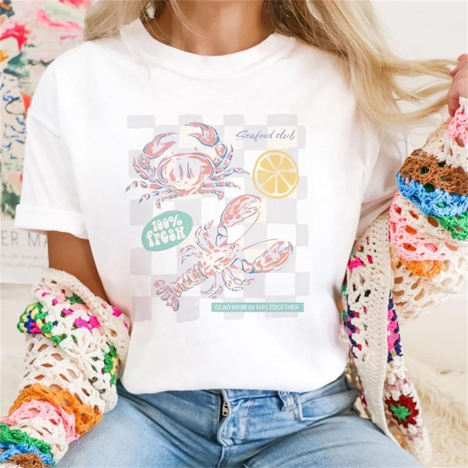Women s Round Neck Top Fun Summer Basic T-Shirt Casual White Print Seafood Print Pattern Casual 90s Style Vacation T-Shirt S
