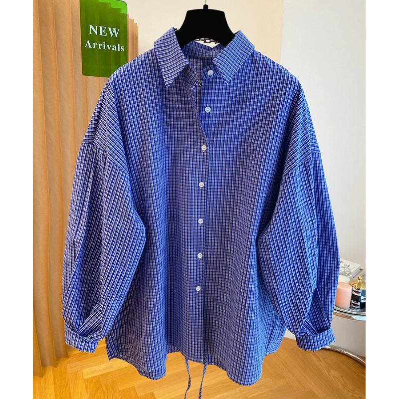 Blue Plaid Long Sleeve Loose Shirts Fashion Korean Split Blouse Women Oversized Spring Casual Vintage